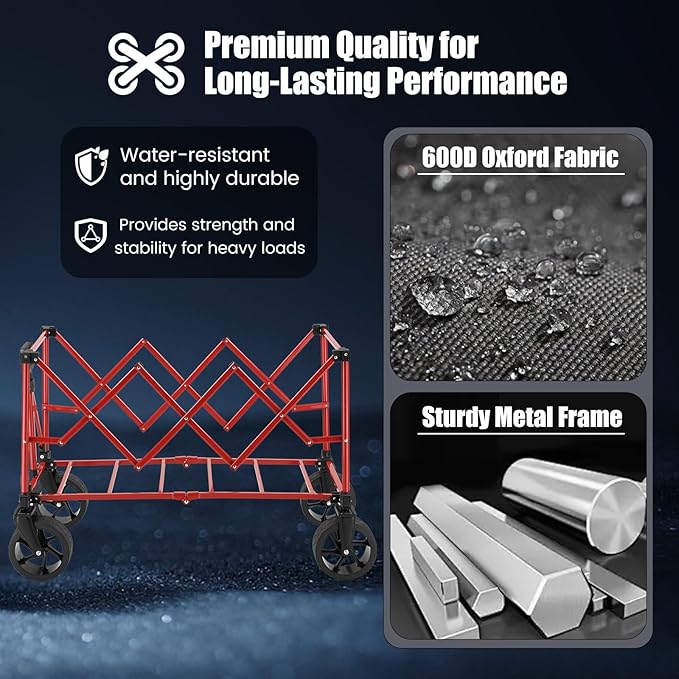 EchoSmile Collapsible Folding Wagon Cart 360lbs, Heavy Duty Garden Utility Cart with All Terrain Wheels, Large Capacity Outdoor Wagon for Camping, Beach, Shopping, Picnic (Black Red)