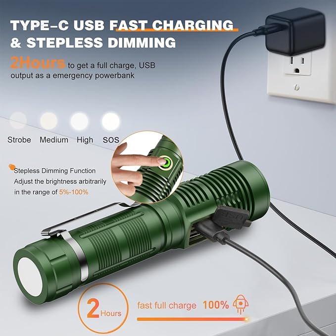 Small Tactical Flashlights High Lumens - 1500 Meters Long Beam Super Bright LED Magnetic Flashlight USB Rechargeable Zoomable 5Modes Long Beam Spotlight Flashlight for Hiking, Camping-Green