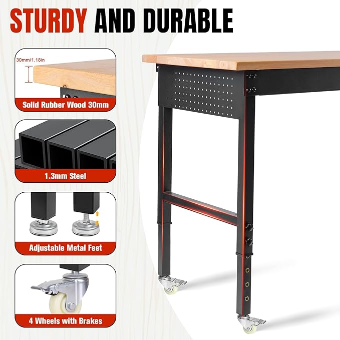 48" L×24”W Adjustable Workbench with Wheels, 28”-40”Height Heavy Duty Table 2000 LBS Load Capacity, Work Bench with Power Outlet & Pegboard, Rubber Wood Work Table for Garage, Office, Workshop