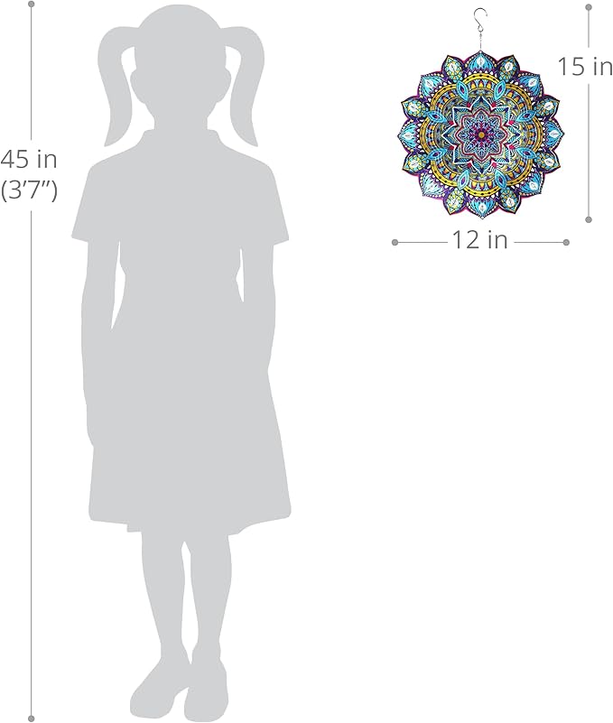 Exhart Wind Spinner, Starburst Mandala Wind Sculpture, 3D Laser Cut Patterns with Bead Details, Metal Outdoor Garden Decoration, Multicolor Lawn and Yard Art, 12 Inch