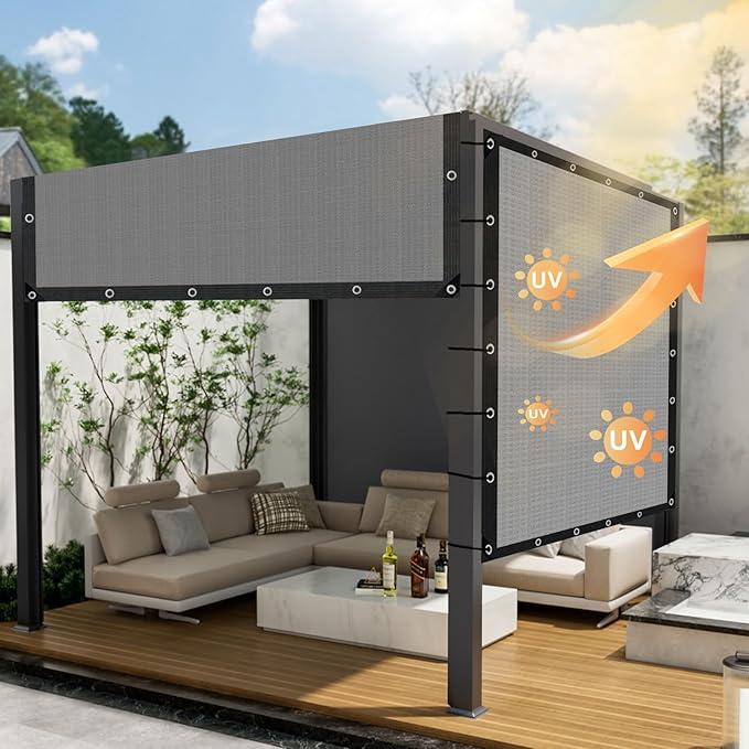 Sun Shade Cloth with Grommets,90% UV Protection Shade Fabric,Pergola Shade Cover Canopy Fence Privacy Screen Balcony,Sunshades for Patio Pergola Garden Backyard Porch Outdoor,Grey-8x16FT