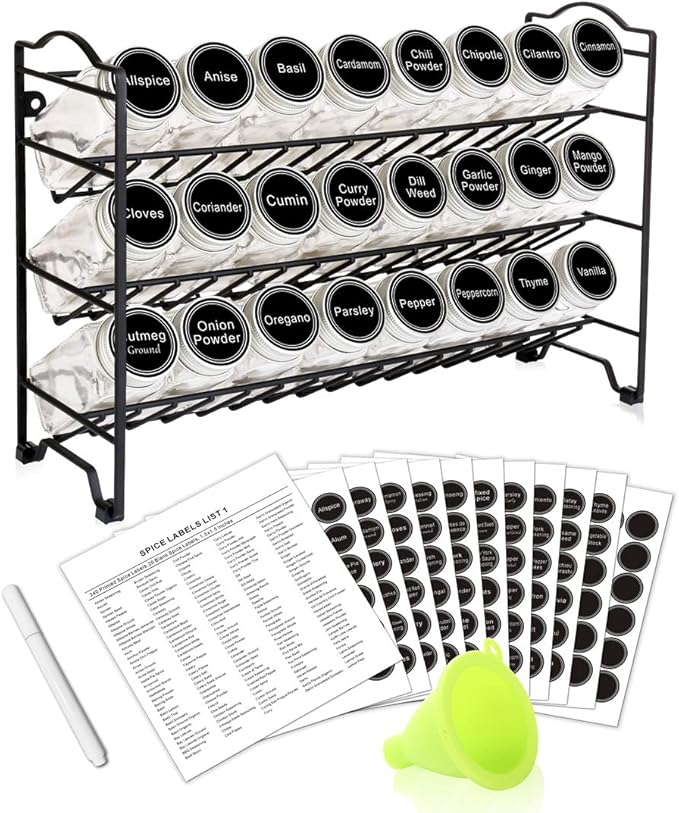 SWOMMOLY Spice Rack Organizer with 24 Empty Glass Spice Jars, 396 Spice Labels with Chalk Marker and Funnel Complete Set, for Countertop, Cabinet or Wall Mount, Black