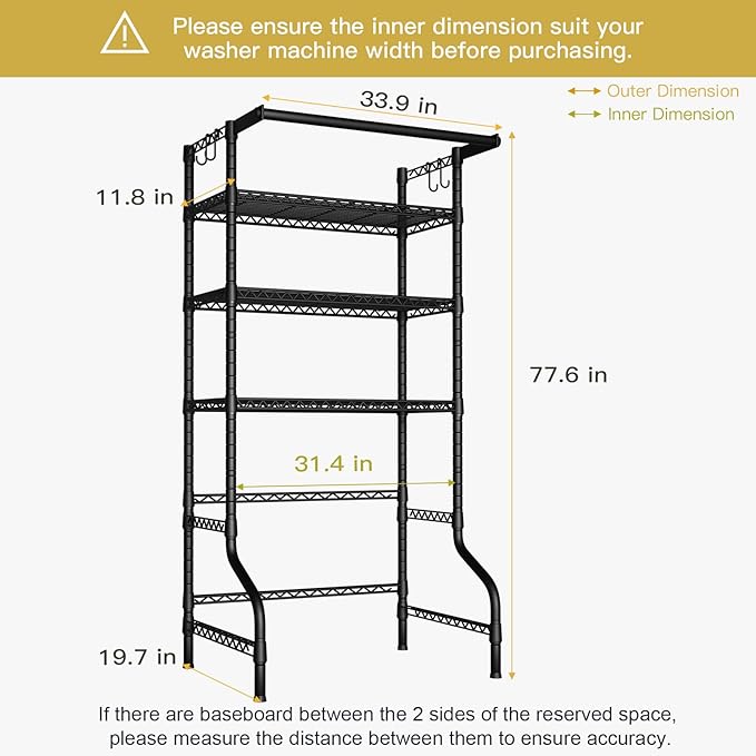 Ulif U11 Over Washer and Dryer Shelves, 3 Tiers Laundry Room Storage and Organizer Standing Shelf, Metal Freestanding Clothes Drying Rack, 33.9" W x 19.7" D x 77.6" H, Black