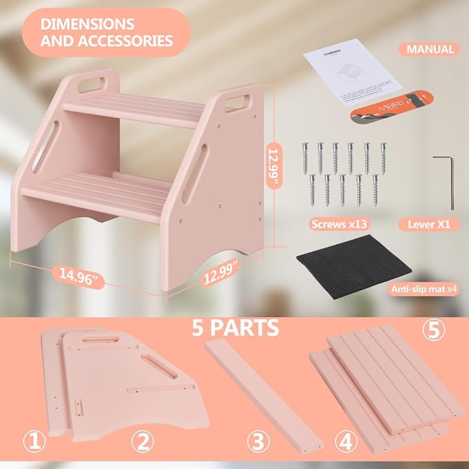 AMBIRD Wooden Step Stool, Two Step Stools Toddler 300 lbs Capacity with Safety Non-Slip Pads and Handles, Bamboo Step Stool for Bathroom, Kitchen Dual Height Step Stools for Kids (Pink)