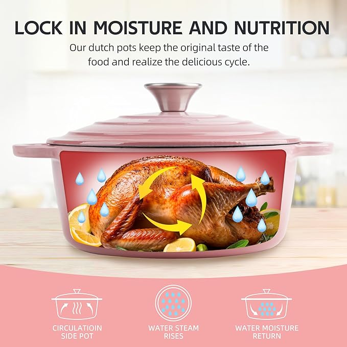 4.5 Quart Dutch Oven Enameled Cast Iron with Lid - Big Dual Handles - Oven Safe up to 500°F - Classic Round Pot for Versatile Cooking Pink