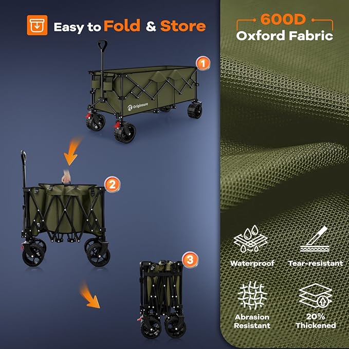 48" L Collapsible Wagon Cart Foldable, 560LB Weight Capacity 300L Heavy Duty Folding Beach Wagons with Big All-Terrain Wheels, Utility Carts for Groceries, Shopping, Camping, Sports - Green