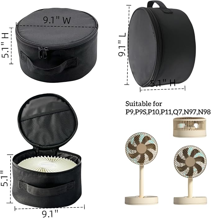 Portable Folding Telescopic Fan Storage Bag, Waterproof Foldaway Standing & Table Fan Hand Bag Case Suitable for P9,P9S,P10,P11,Q7,N97,N98 (Black)