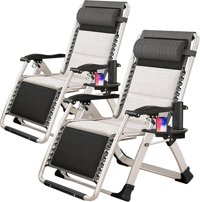 ABORON 2 Pack Zero Gravity Chair, Outdoor Lounge Chairs Sun Loungers with Removable Cushion,Headrest,Cup Holder,Reclining Patio Lounger Chair for Indoor and Outdoor