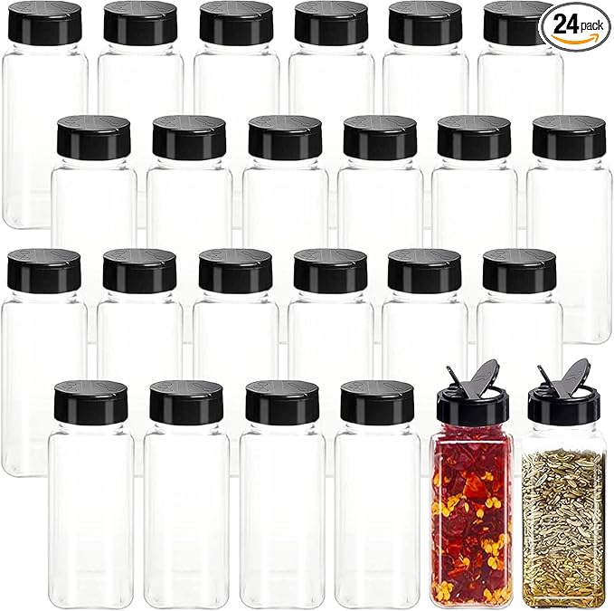 24 Pack 3.5 oz Square Plastic Spice Jars,Seasoning Containers with Black Screw Lids to Pour or Shake,Empty Storage Spice Containers for Spice,Powders,Peppers