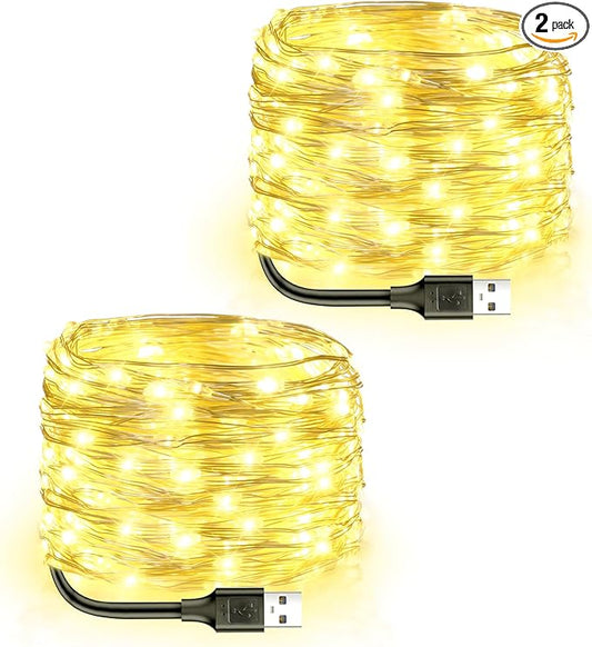 Blingstar USB Powered Fairy Lights, 2 Pack 33Ft 100 LED, Flexible Silver Wire, Mini String Lights for Christmas Tree/Bedroom/Camping/Holiday Indoor Decoration, Warm White