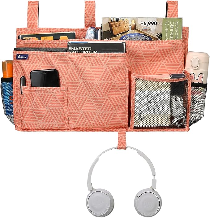 Surblue Bedside Caddy Hanging Organizer Storage Bag Pocket for Bunk, Hospital, College Dorm Rooms, Baby Bed Rails, Camp (8 Pockets), Orange Plaid