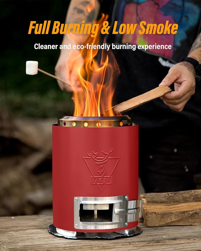 YEFU Tabletop Fire Pit 9.7 x 7.1 in, Flame Intensity Control Camping Stove for Outdoor & Patio, Fueled by Pellets or Wood, Safe Burning Table Top Firepit, with Travel Bag & 2 Mini Sticks, Red