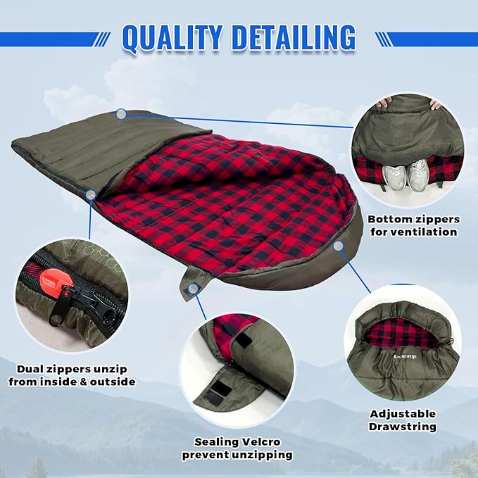 0 Degree Sleeping Bag Cotton Flannel Winter Cold Weather for Adults XXL Sleeping Bag 4 Season Big and Tall with Pillow Compression Sack