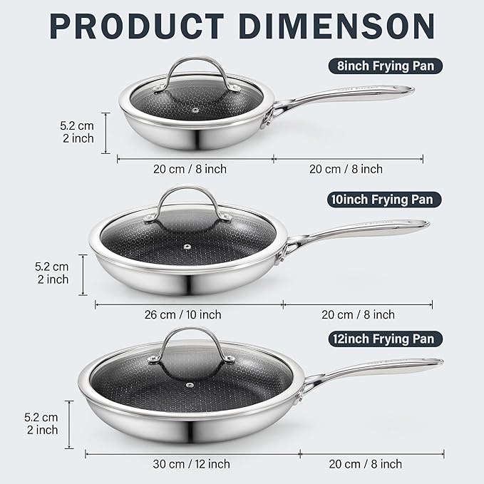 Cooks Standard Hybrid Nonstick Frying Pan Set, 8, 10 and 12-Inch Multi-Ply Clad Stainless Steel 3 Piece Skillet with Tempered Glass Lids, Oven Safe, Compatible with All Stovetops