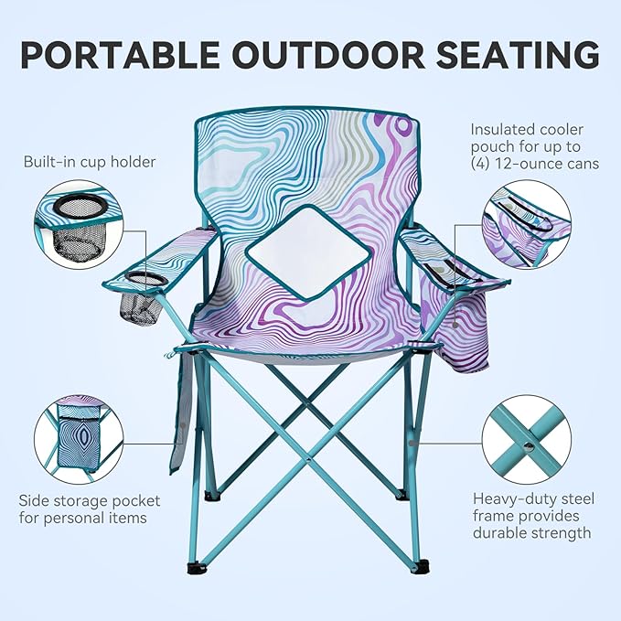 Nazhura 4 Pack Folding Camping Chair with Cooler Pouch, Mesh Backrest and Cup Holder Pocket (Flower, 4 Pack)
