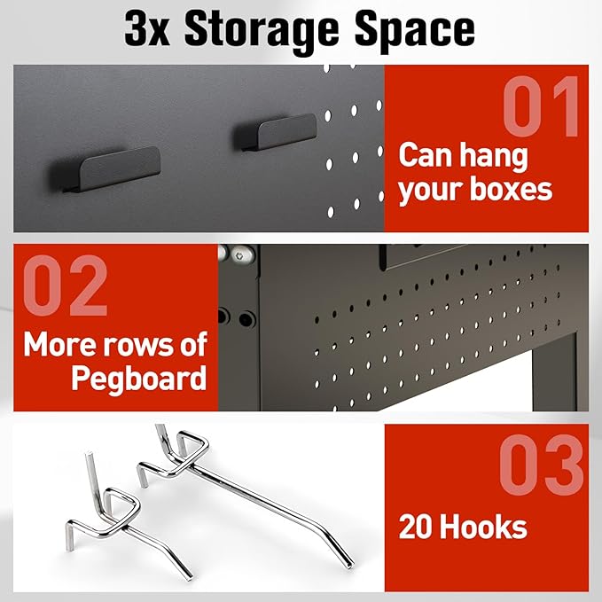 48" Workbench with Drawers, Work Benches for Garage with Strip Light, Adjustable Work Table with Large Pegboard, 2000 LBS Heavy Duty Table with Power Outlet Rubber Wood for Garage, Office