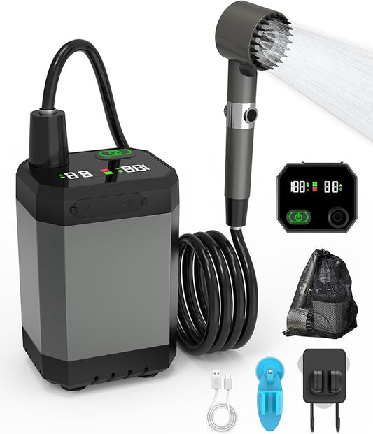 Portable Shower for Camping - 6000mAh Rechargeable Outdoor Camp Shower Pump with IPX8 Waterproof, LED Display & 4 Spray Modes for Travel, Pet, Car Wash