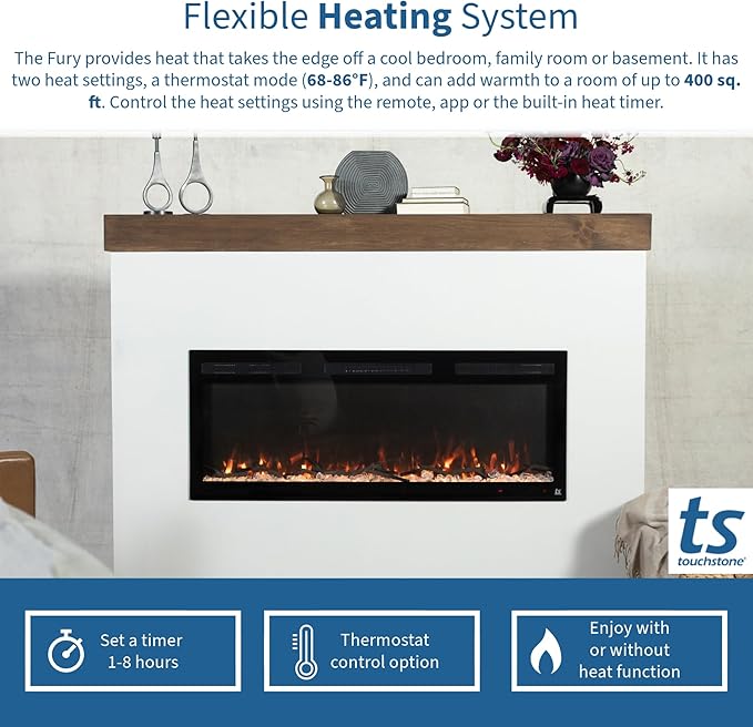 Touchstone Smart Electric Fireplace-The Fury 46" Wide- 4.5" Thin in Wall Recessed-100 Realistic Flame/Ember Bed Color Combos-1,500W Heater-Larger Viewing Area-Alexa/WiFi Enabled