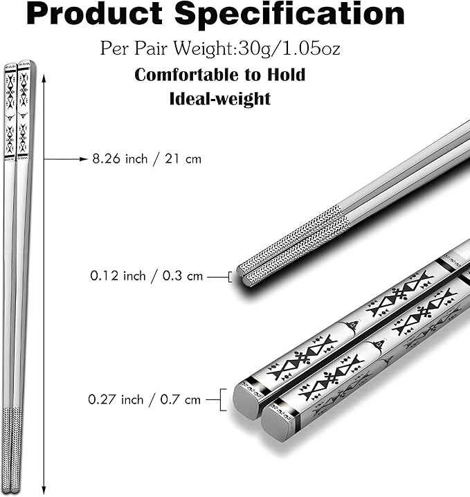 Metal Chopsticks Reusable 1 Pair Stainless Steel Travel Chopsticks Dishwasher Safe Square Lightweight Non-Slip Chop Sticks with case(Silvery)