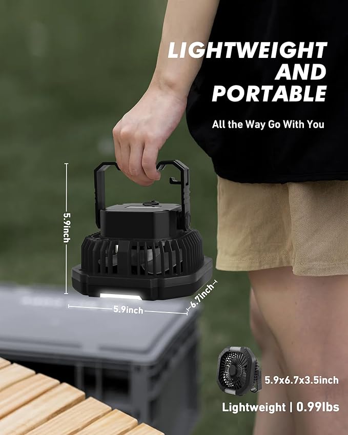 Rechargeable Camping Tent Fan with LED Lantern, 7800mAh Battery Operated Fan with Hang Hook & Remote, Portable Ceiling Tent Fans with Remote for RV Emergency Car Office Hurricane