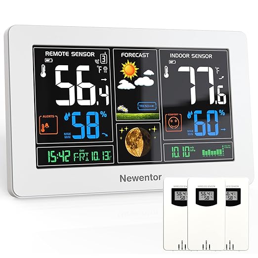 Newentor Weather Station Wireless Indoor Outdoor Thermometer, Color Display Digital Weather Thermometer with Atomic Clock, Barometric Pressure, Forecast Station with Adjustable Backlight,White,3Sensor