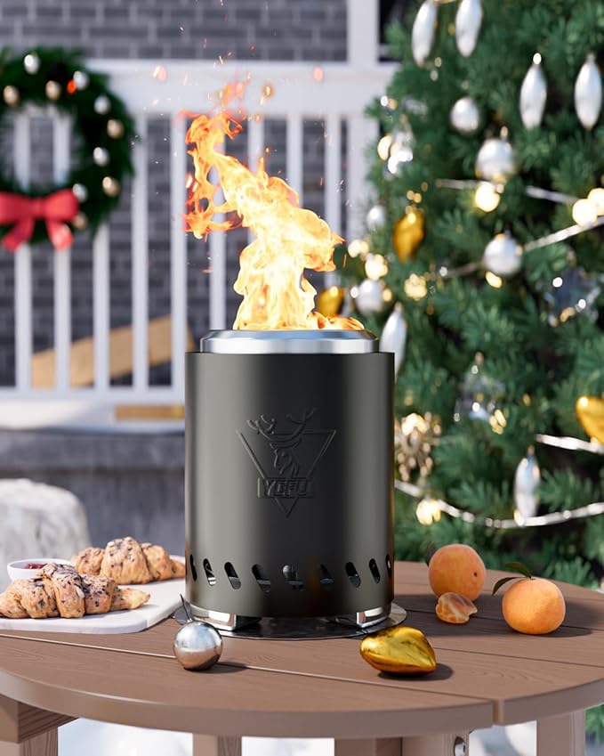 YEFU Tabletop Fire Pit 9.7 x 7.1 in, Low Smoke Camping Stove for Outdoor & Patio, Fueled by Pellets or Wood, Safe Burning Table Top Firepit, with Travel Bag & 2 Mini Sticks & Fireproof Mat, Black
