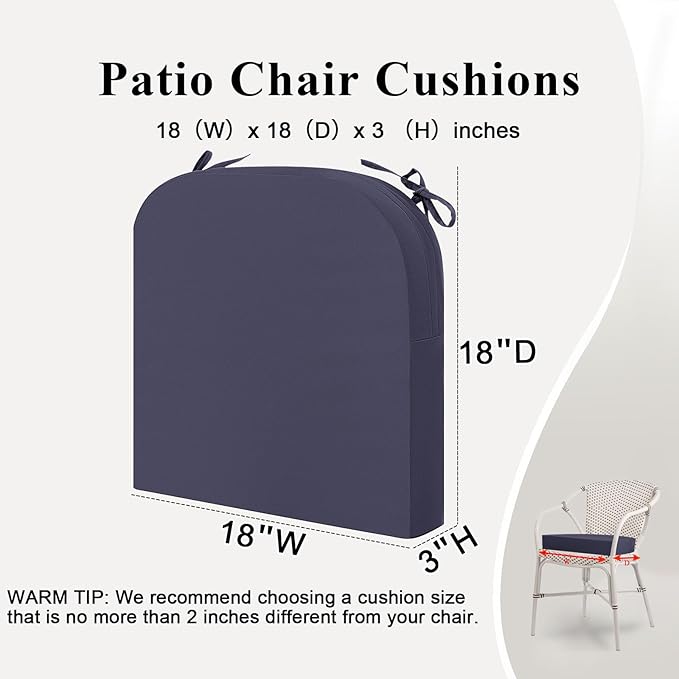 Outdoor Chair Cushions Set of 2, Waterproof Foam Patio Seat Cushions with Ties for Garden Sofa & Dining Furniture, 3-Year Color Fastness, 18x18x3 Inch, Grey