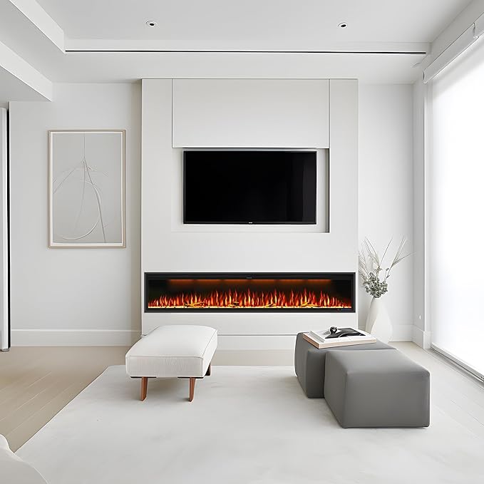 Benrocks 88'' Smart Electric Fireplace Inserts, WiFi-Enabled Recessed & Wall Mounted Fireplace, 13 * 13 * 3 Color Combinations, App Control Fireplace Heater, Timer, Logs & Crystals 750/1500W Black