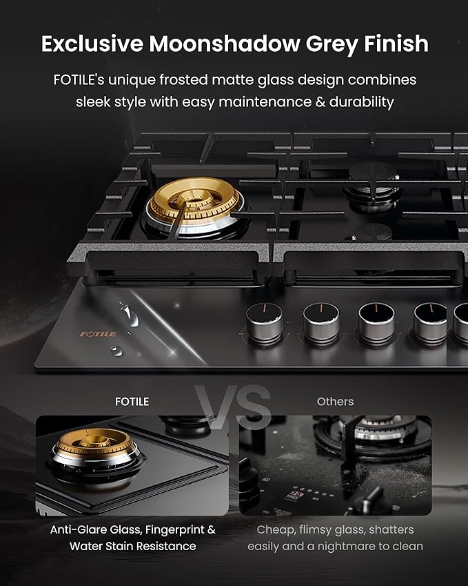 FOTILE GLG36501-Y 36” Moonshadow Grey Anti-glare Tempered Glass 5-Burner Gas Cooktop, Tri-Ring 18,000 BTUs Left Burner with Flame Failure Protection Removable Grates and Installation/LP Kit