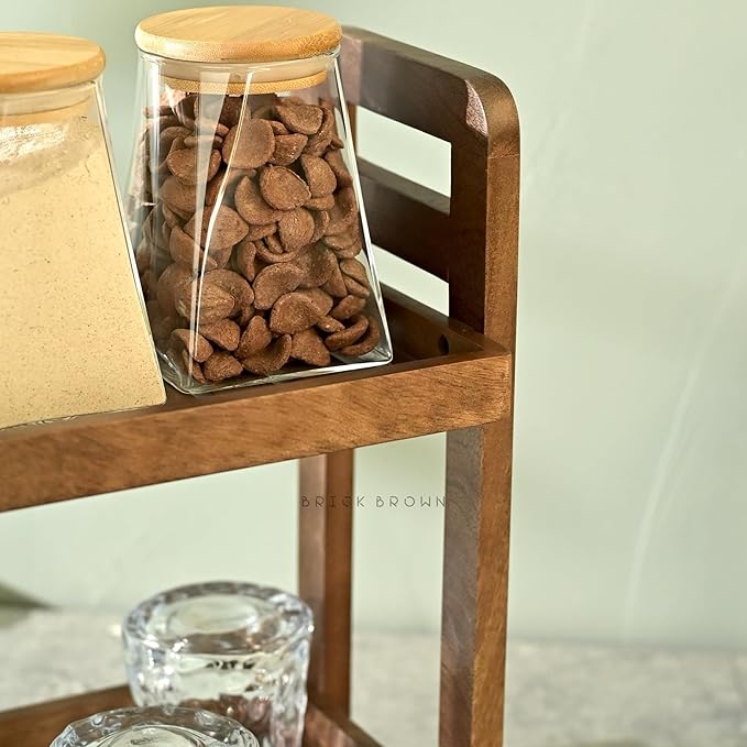 Premium Cocoa Kitchen Wooden Organizer 2-Tiered Serving Stand| Display Snacks, Fruits & Desserts | Kitchen & Dining Organizer in Mahogany Finish (Self Assembly)