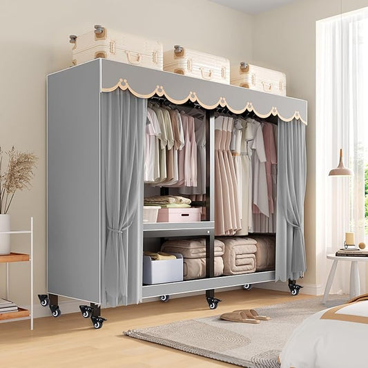FPIGSHS Heavy Duty Clothes Rack with Cover 2000LBS Foldable Portable Wardrobe Closet for Hanging Clothing Rolling Garment Rack on Wheels for Bedroom Closet System (D(Gauze Curtain Cover, 49.2in)