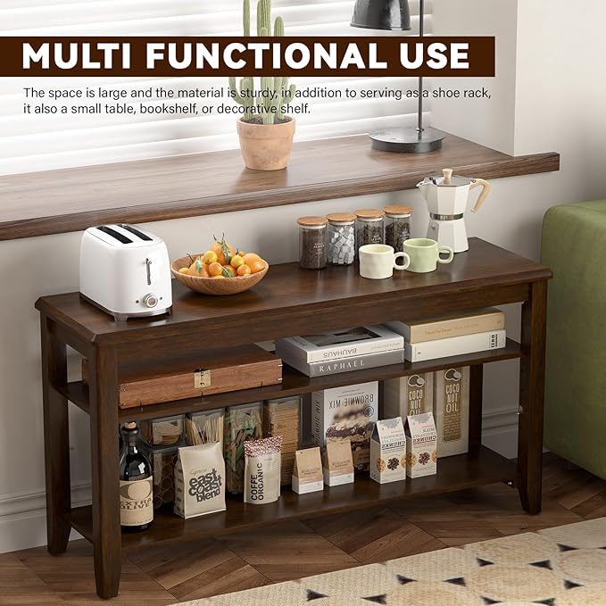 Shoe Bench Storage Rubberwood, Entryway Bench with 3-Tiers Height Adjustable, Shoe Rack Front Door Entrance Organizer for Hallway Living Room, Mudrooms, Walnut,31.5"