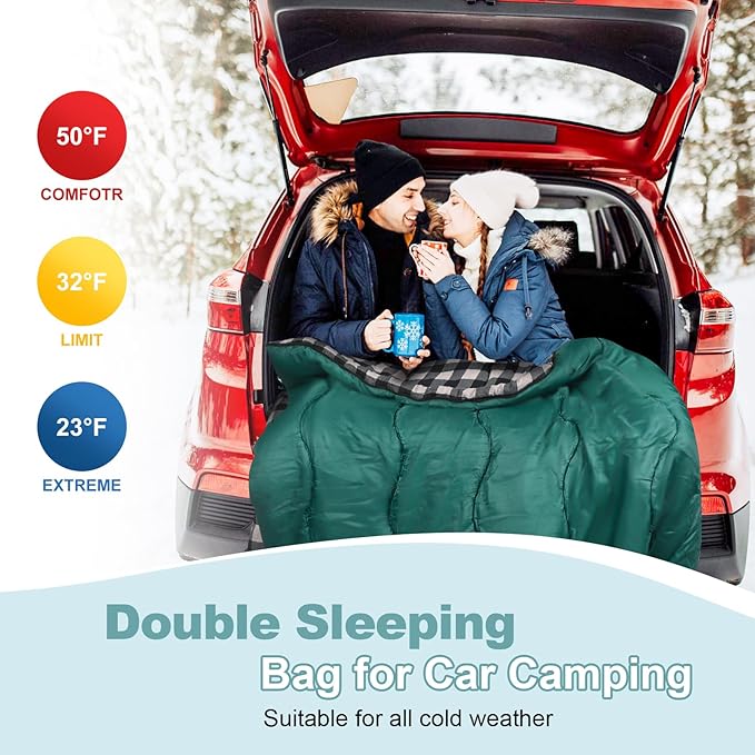 0 Degree Flannel Double Sleeping Bag for Adults, Couples or Family - Winter Queen Size Waterproof & Warm 2-Person Sleeping Bag for Cold Weather Camping, RV Travel