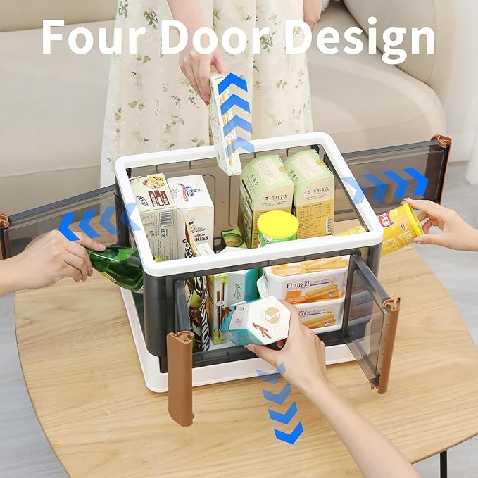 HAIXIN Folding Storage Bins with Left Doors and Right Doors Opening, 6.86 Gal Bookcase, Stackable Storage Cabinet, Plastic Shelves Organizer, Space-Saver Pantry Storage, Room Organization, 6 Pack