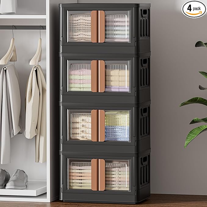 HAIXIN Storage Bins with 4 Lids - 8.4 Gal Closet Cabinet 4 Pack Plastic Stackable Organizers with Front Opening Door Black Foldable Storage Box for Home Garage Office Craft