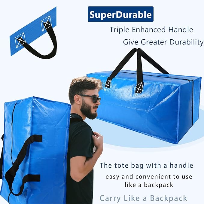 10 Pack Heavy Duty Extra Large Moving Bags Storage Tote - Strong Handles& Backpack Straps - Space Saving Storage Bags Alternative to Moving Boxes and Bins,Compatible with Ikea Frakta Cart, Blue