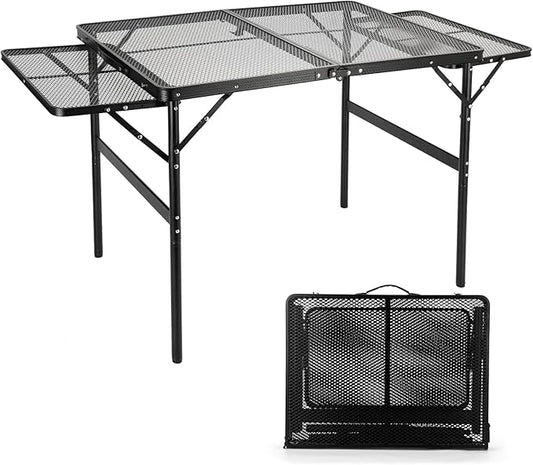 Grill Table Folding Table with 2 Wing Panels 3FT+1.4 FT with Mesh Desktop 2 Height Adjustable Portable Grill for Outdoor Indoor Beach BBQ Picnic Travel RV Black