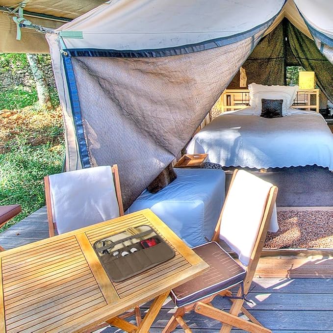 Camping Tableware Organize Bag, Knife Roll Cookware Set Canvas Storage Portable Hanging Picnic Cutlery Tablewares Storages Hang Out Equipment Hygiene Lightweight for Outdoor Barbecue Activities