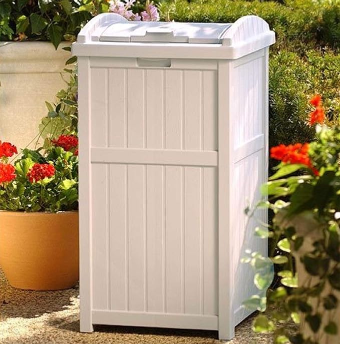 Suncast 3 Pack 15.75" x 16" x 31.6" Trash Hideaway 33 Gallon Resin Outdoor Commercial Garbage Container with Lid for Backyard, Deck, or Patio in Taupe