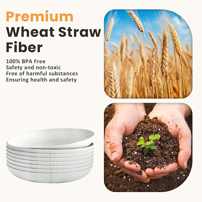 Homienly Wheat Straw Plates Set of 8, 9 inch Unbreakable Microwave and Dishwasher Safe Plates, Lightweight Round Dinner Plates with Unique Texture, Plate for Kitchen, Camping, Picnic - White