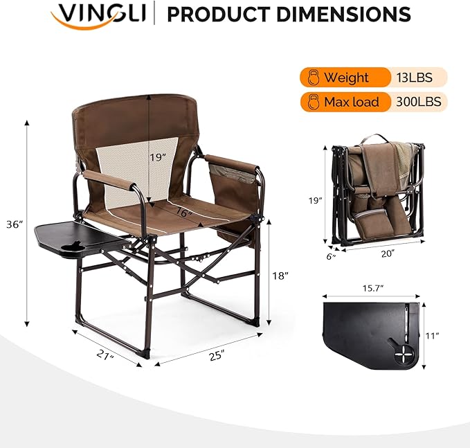 VINGLI Camping Chairs, Directors Chair, Camping Chair with Side Table & Carry Bag，Heavy Duty Camping Chairs for Adults, Portable Folding Camping Chair, Pocket for Beach, Fishing,Trip,Picnic,Lawn-Brown