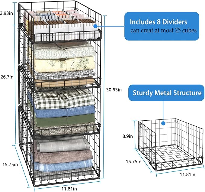 4 Pack Closet Organizers and Storage Shelves for Clothes, 4 Tier Stackable Closet Storage Basket Bin Container for Clothing Sweater Jean, Narrow, Foldable, Sturdy Metal Closet System Organizer Shelf