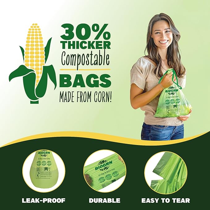 2.6-3 Gallon Compostable Trash Bags Drawstring 50 Bags Heavy Duty Extra Thick 1 Mil 11.36 Liter Small Kitchen Food Scrap Waste Compost Bag ASTM D6400, US BPI and OK Compost Home Certified