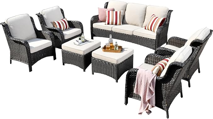 ovios 7 Pieces Patio Furniture Set, Outdoor Wicker Sofas with 4 Chairs, Ottomans and Comfy Cushions, All Weather High Back Couch Set for Deck Porch, Brown Rattan, Beige