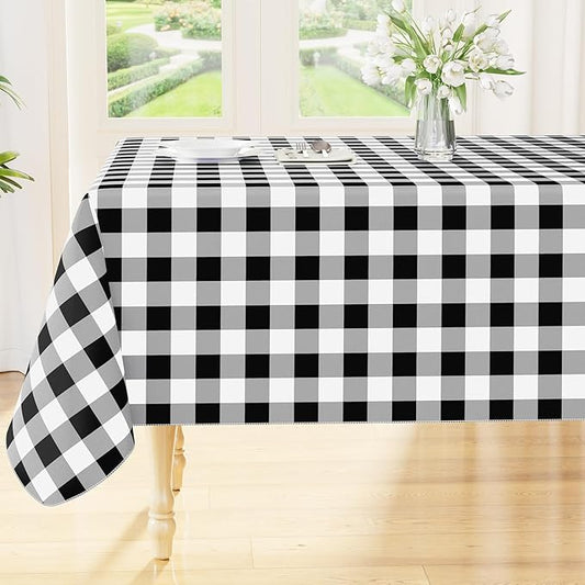 Smiry Rectangle Table Cloth, Waterproof Vinyl Tablecloths with Flannel Backing, Wipeable Buffalo Plaid Table Cover for Dining, Indoor and Outdoor (Black & White, 60"x84")