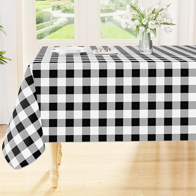 Smiry Rectangle Table Cloth, Waterproof Vinyl Tablecloth with Flannel Backing, Wipeable Buffalo Plaid Table Cover for Dining, Indoor and Outdoor (Black & White, 60"x120")