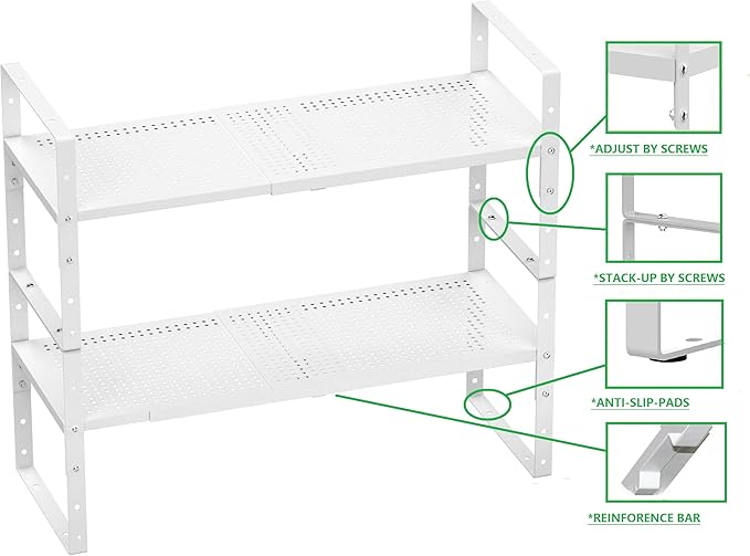 Expandable Spice Rack, Stackable Metal Pantry Storage Shelves Stand, Adjustable Height Cabinet Shelf Organizer Racks(3PACKS/WHITE,MEDIUM)