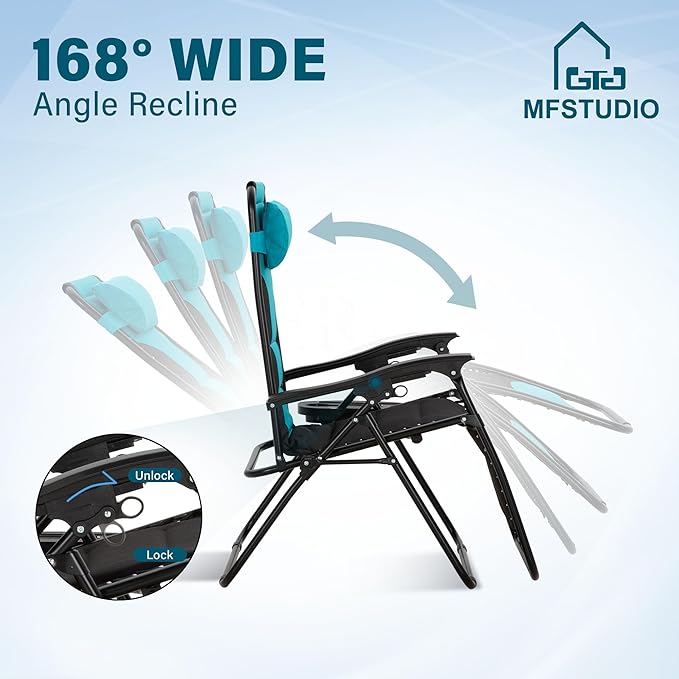 MFSTUDIO Padded Zero Gravity Chair Set of 2, Folding Patio Lounge Recliner with Adjustable Pillows & Cup Holder for Poolside Backyard, Support 400lbs(Pacific Blue)