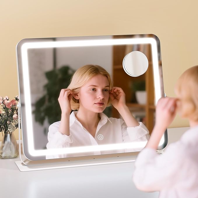 MINISO Vanity Mirror with Lights, 20" x 16" LED Makeup Mirror, Light & Brightness Adjustment, Smart Sensor, 360°Rotation, Aluminum Alloy Metal White Frame, with 10X Magnifying Glass