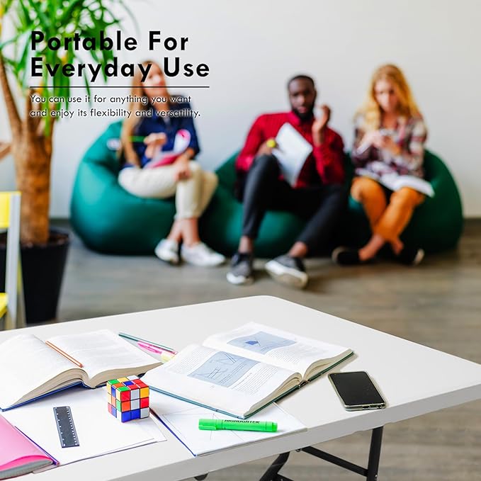 6ft Folding Table,Sturdy Outdoor Folding Table,Perfect for Camping Picnics Parties Foldable Table with Easy Setup Ideal Portable Table for Indoor & Outdoor Use (White, 6 Foot)